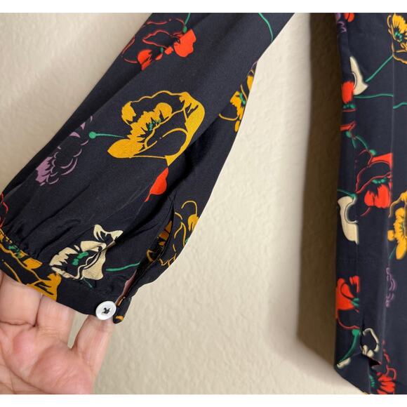 Steven Alan Blouse Top Women's Small Black Floral Silk Round Neck Keyhole Back - Picture 7 of 7